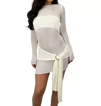 Прозрачное мини-платье с поясом и плиссировкой в кремовом цвете Lioness