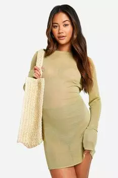 Прозрачное мини-платье тонкой вязки boohoo, хаки