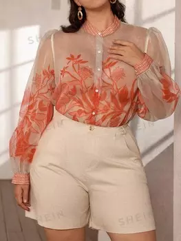 Прозрачное платье Rosie с длинными рукавами Ткань органза, набивной рисунок, коллекция контрастных цветов, большой размер Shein, мультиколор