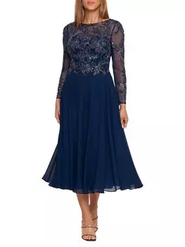 Прозрачное платье с расклешенной юбкой, расшитое бисером Xscape, темно-синий