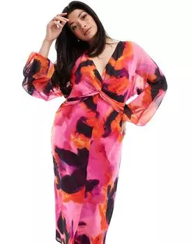 Прозрачное розовое платье миди с абстрактным принтом ASOS DESIGN Curve