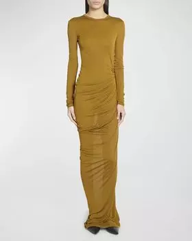 Прозрачное трикотажное платье макси со сборками Saint Laurent, цвет Camel