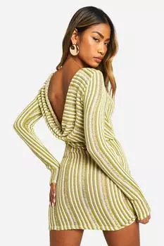 Прозрачное вязаное мини-платье с полоской на спине и капюшоном boohoo, зеленый
