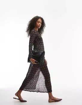 Прозрачное жатое черное макси-платье с круглым вырезом и розовым мелким принтом Topshop