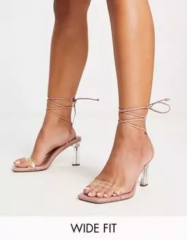 Прозрачные бежевые босоножки на среднем каблуке с завязками ASOS DESIGN Wide Fit Helsy