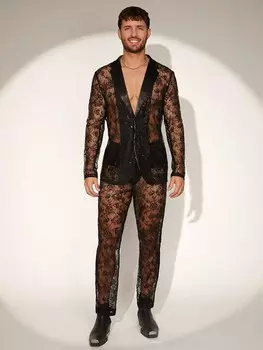 Прозрачный костюм Fever City Украшен кружевом и пайетками для мужчин Fevercity, черный