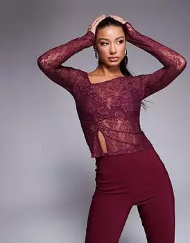 Прозрачный кружевной асимметричный топ бордового цвета ASOS DESIGN