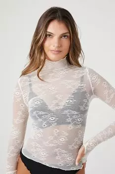 Прозрачный кружевной топ с воротником-стойкой Forever 21, ванилла
