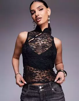Прозрачный облегающий топ-борцовка из кружева ASOS DESIGN с отделкой на пуговицах-петлях черного цвета