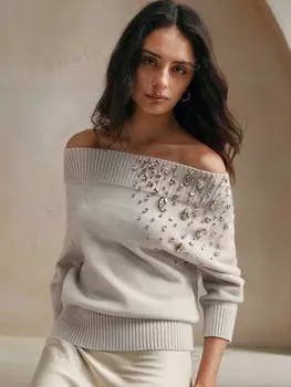 Прозрачный свитер с открытыми плечами, расшитый бисером, для элегантных женщин Anewsta, серый