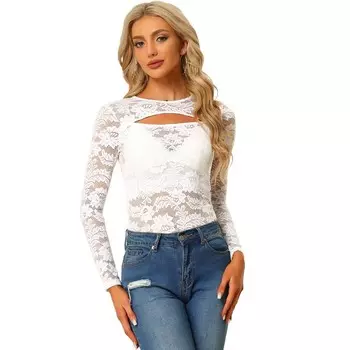 Прозрачный топ для женщин. Полупрозрачный приталенный кружевной топ с длинными рукавами и вырезами. ALLEGRA K, белый