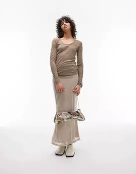 Прозрачный топ премиум-класса с длинными рукавами и v-образным вырезом нейтрального цвета Topshop