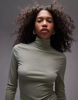 Прозрачный топ премиум-класса с высоким воротником и длинными рукавами Topshop цвета хаки