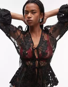 Прозрачный топ с цветочным кружевом и рукавами-фонариками черного цвета Topshop