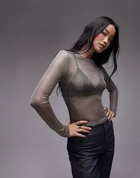 Прозрачный топ с длинными рукавами цвета оружейной стали Topshop