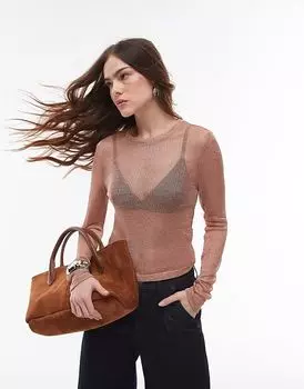 Прозрачный топ с длинными рукавами цвета розового золота с металлическим отливом Topshop