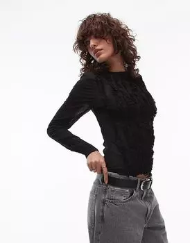 Прозрачный топ с длинными рукавами и оборками черного цвета Topshop