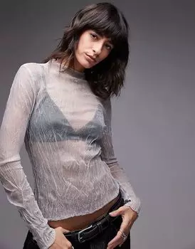 Прозрачный топ с длинными рукавами из жатого материала серебристого цвета Topshop