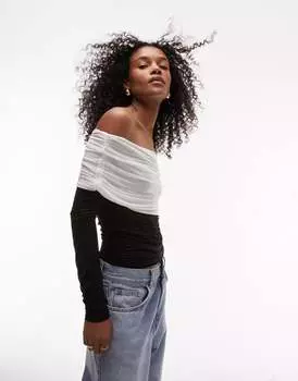 Прозрачный топ Topshop с длинными рукавами, вырезом кармен и дизайном колор-блок бежевого цвета