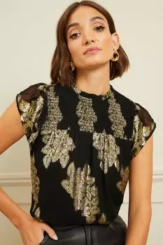 Прозрачный жаккардовый топ с полурукавами и металлизированным узором Love & Roses, черный