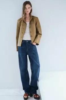 Прямая куртка из 100% кожи ZARA, оливково-зеленый