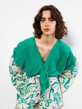 Прямая льняная Женская блузка с коротким рукавом и V-образным вырезом LCW Casual