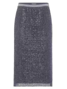 Прямая юбка из мохера и шерсти с вышивкой Dazzling Net Brunello Cucinelli, серый