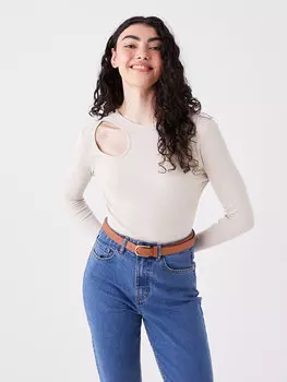 Прямая женская укороченная рубашка с круглым вырезом и длинными рукавами LCW Casual, светло-серый