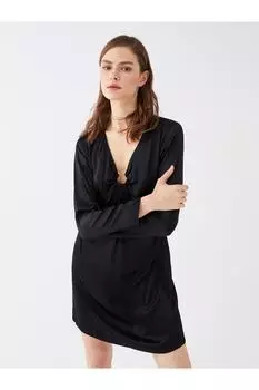 Прямое атласное женское платье с V-образным вырезом и длинными рукавами LC Waikiki, зеленый