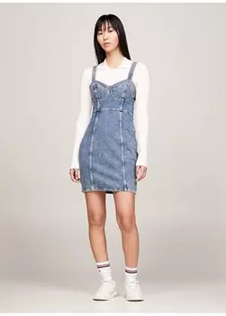 Прямое короткое женское платье цвета индиго с V-образным вырезом ПЛАТЬЕ-БЮСТЬЕ AH7135 Tommy Jeans, индиго