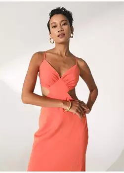 Прямое оранжевое женское платье миди с V-образным вырезом D161 Didem Soydan X Fabrika, оранжевый