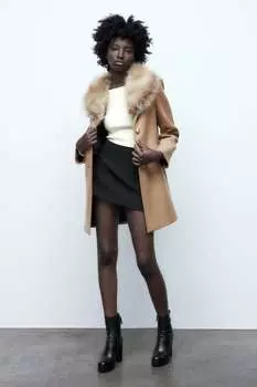 Прямое пальто из шерсти ZARA, загар