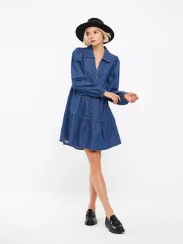 Прямое женское джинсовое платье с рубашечным воротником и длинными рукавами LCW Casual