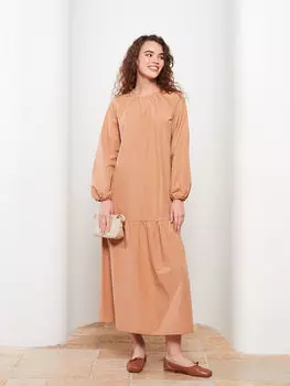 Прямое женское платье из поплина с круглым вырезом и длинными рукавами LCW Modest