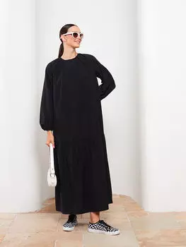 Прямое женское платье из поплина с круглым вырезом и длинными рукавами LCW Modest