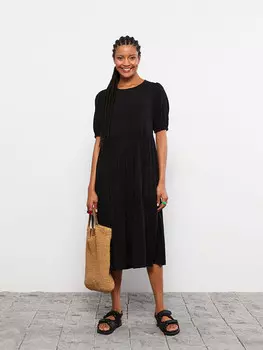 Прямое женское платье из вискозы с круглым вырезом и короткими рукавами LCW Casual