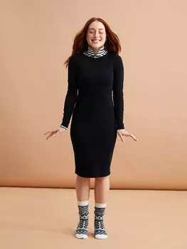 Прямое женское платье с круглым вырезом и длинными рукавами для миниатюрных размеров LCW DREAM