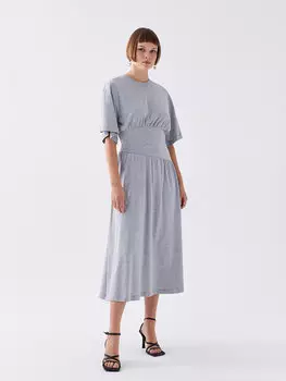 Прямое женское платье с круглым вырезом и короткими рукавами LCW Casual, серый меланж