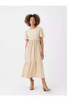 Прямое женское платье с круглым вырезом и короткими рукавами LC Waikiki, бежевый