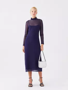 Прямое женское платье с высоким воротником и длинными рукавами LCW Vision, темно-синий