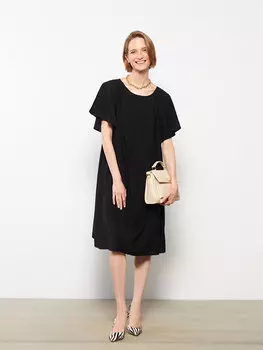 Прямое женское платье трапециевидного силуэта с вырезом лодочкой и короткими рукавами LCWAIKIKI Classic, новый черный
