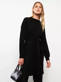 Прямое женское трикотажное платье с круглым вырезом и длинными рукавами LCWAIKIKI Classic