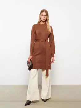 Прямое женское трикотажное платье с круглым вырезом и длинными рукавами LCWAIKIKI Classic