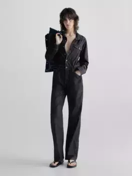 Прямой джинсовый комбинезон из стиранной стирки с отшивкой Massimo Dutti, синий