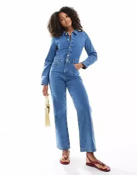 Прямой джинсовый комбинезон Miss Selfridge средней степени стирки