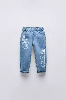 Прямой кроя джинсы disney с микки маусом ZARA, средне-синий