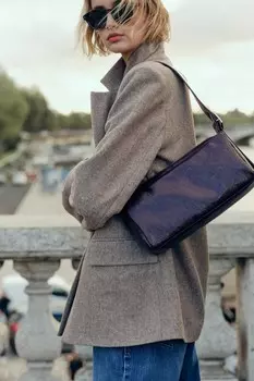 Прямой пиджак из шерстяной смешанной ткани с узором елочка ZARA, кэмел