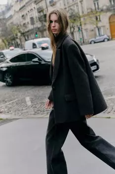 Прямой пиджак из шерстяной смешанной ткани с узором «елочка» ZARA, антрацитово-серый