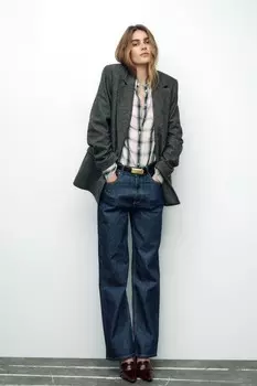 Прямой пиджак из шерстяной смешанной ткани с узором «елочка» ZARA, серый/коричневый