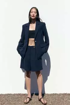 Прямой пиджак с золотой кнопкой ZARA, темно-синий